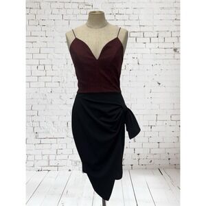 Vintage Women 80 90s Red Shimmer Black S Dress Bodycon Sweetheart Neck Asymmetry